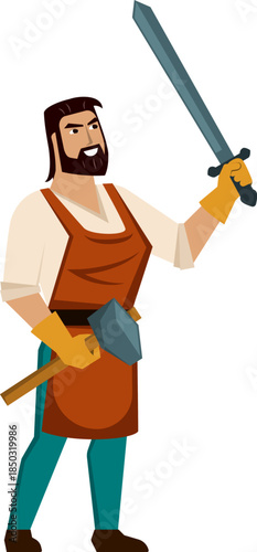 blacksmith with sword. smith in forge, cartoon farrier character in apron, working with hammer and iron, hot metal. vector cartoon illustration.