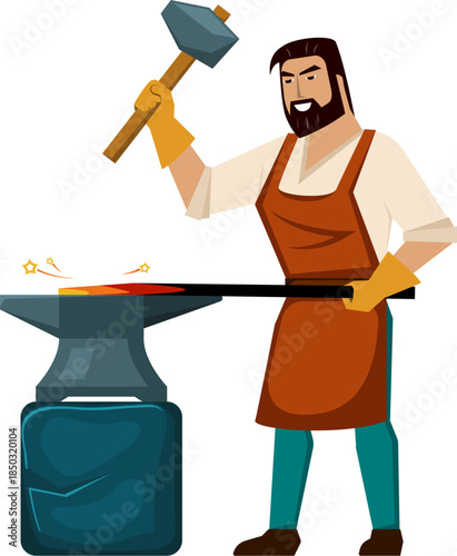 blacksmith. smith in forge, cartoon farrier character in apron, working with hot metal hammer and iron. vector cartoon graphics.