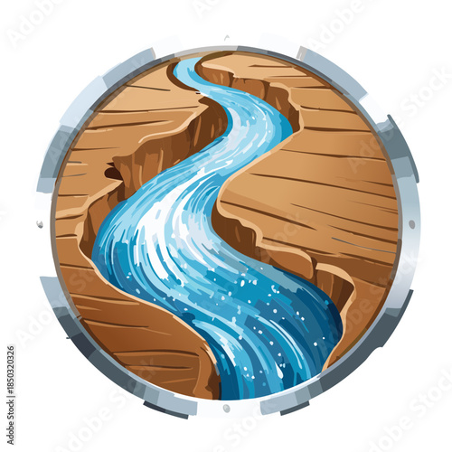 Winding blue river in desert canyon viewed through round wooden portal for fantasy adventure game level selection