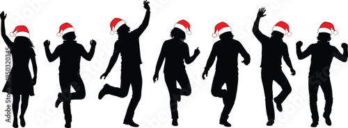 People silhouettes dancing with Santa hats, Christmas party celebration, festive holiday joy, winter fun illustration isolated design
