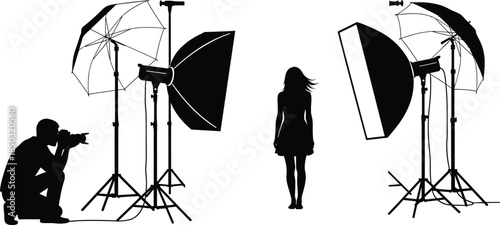 Professional photo studio setup illustration, photographer model lighting equipment softbox umbrella isolated black silhouette vector scene