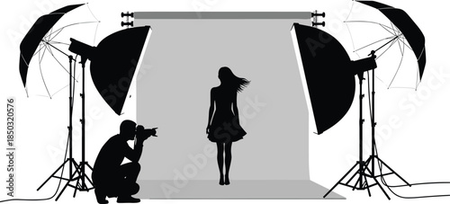 Professional photography studio setup illustration, photographer model backdrop lighting equipment softbox umbrella isolated black silhouette vector scene