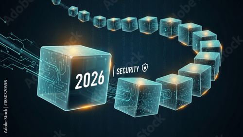 AIzaSyBIoNEMxfjvG6ihdwKfAeHDb5xZGyZi2eU Blockchain technology with year 2026 and security icon digital network of connected cubes forming a chain futuris