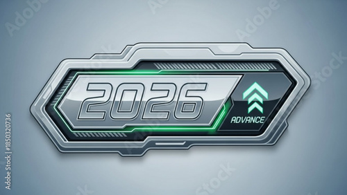 AIzaSyBIoNEMxfjvG6ihdwKfAeHDb5xZGyZi2eU Futuristic 2026 advance badge digital technology emblem with glowing green accents representing future progress a