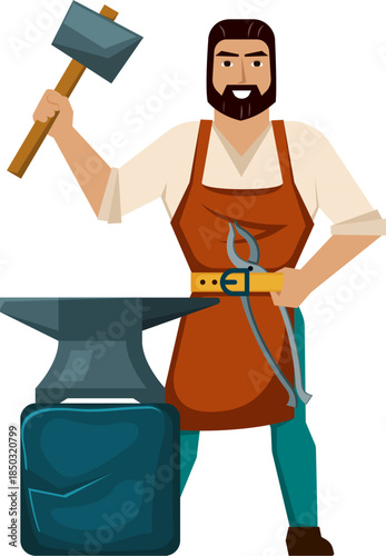 blacksmith. working with hot metal hammer and iron, cartoon farrier character in apron, smith in forge. vector cartoon graphics.