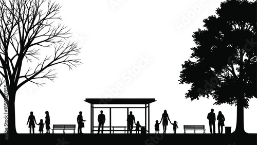 Public park landscape silhouette illustration, families children walking trees benches pavilion outdoor recreation scene black vector design