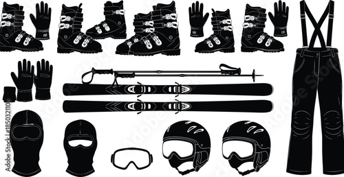Winter ski equipment collection illustration, boots gloves helmet goggles skis poles pants isolated vector set black silhouette design