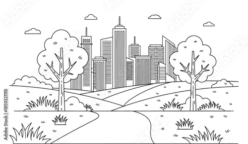 a detailed line drawing depicts a sprawling cityscape with towering skyscrapers and lush green trees in the foreground creating a harmonious blend of urban and