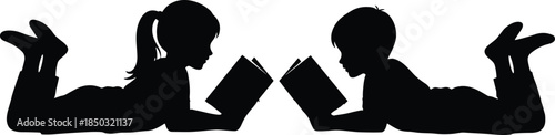 Silhouette illustration of boy and girl reading books while lying on floor, childhood education, learning, imagination, literacy concept