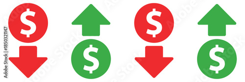 Dollar increase and decrease icons featuring money symbols for profit and loss, cost reduction, and price growth, ideal for finance applications, business analysis, economic infographics, inves