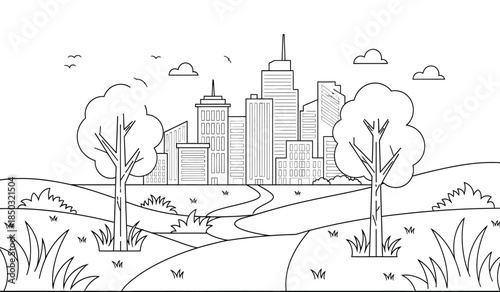 a detailed line drawing showcases a vibrant cityscape nestled amongst lush greenery with rolling hills and a winding river enhancing the scenic view