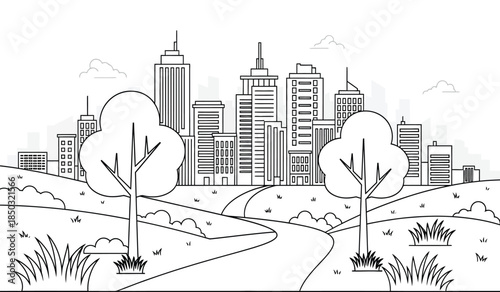 a detailed black and white line drawing depicts a sprawling cityscape with towering skyscrapers lush trees and a winding pathway through a park landscape