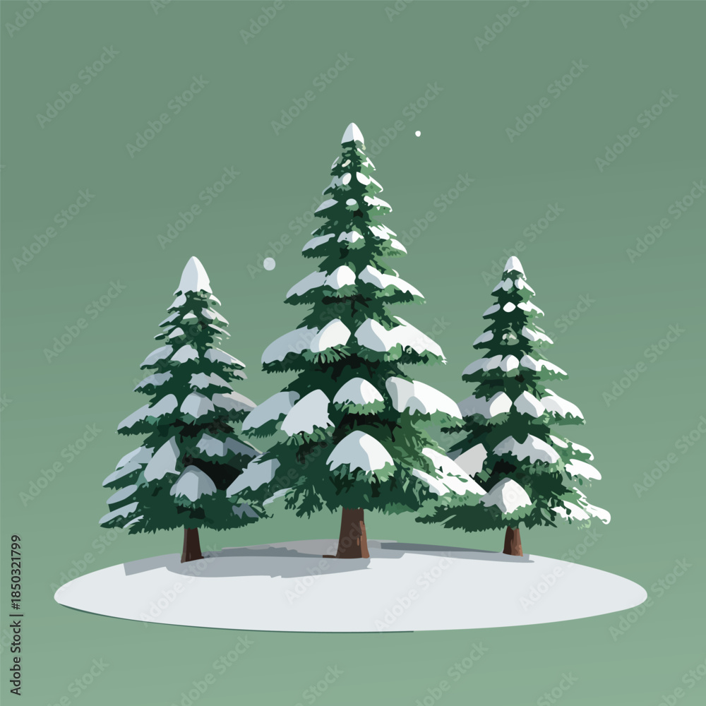 Obraz premium Snow-covered pine trees on green background, winter forest, 3D illustration