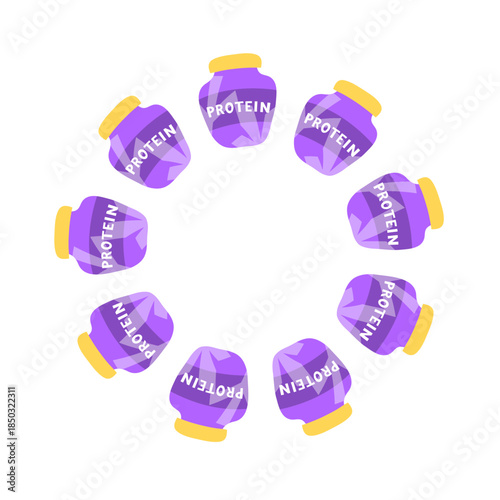 Round frame with whey protein powder in plastic bottle isolated on white background. Wreath with sport supplements and empty space for text.