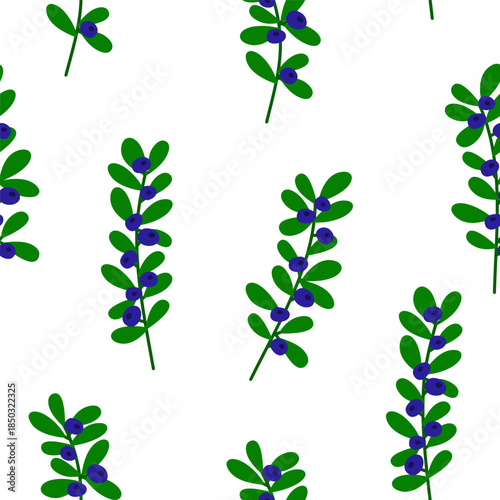 Simple seamless pattern with flat blueberry twigs on white background. Minimalist forest backdrop.