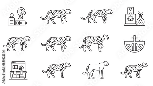 A collection of minimalistic line drawings including cheetahs, technology, and other objects, all in black and white