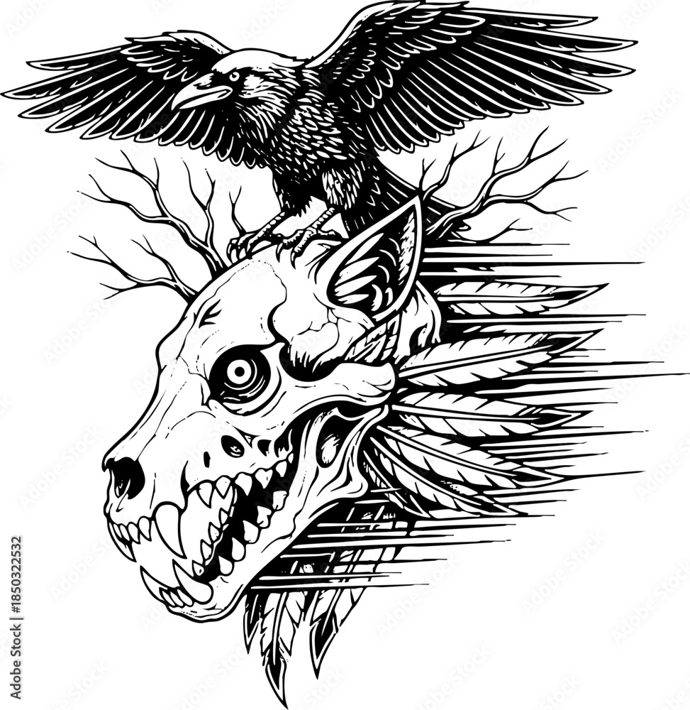 Fototapeta premium Tattoo style wolf skull decorated with feathers and perched raven.