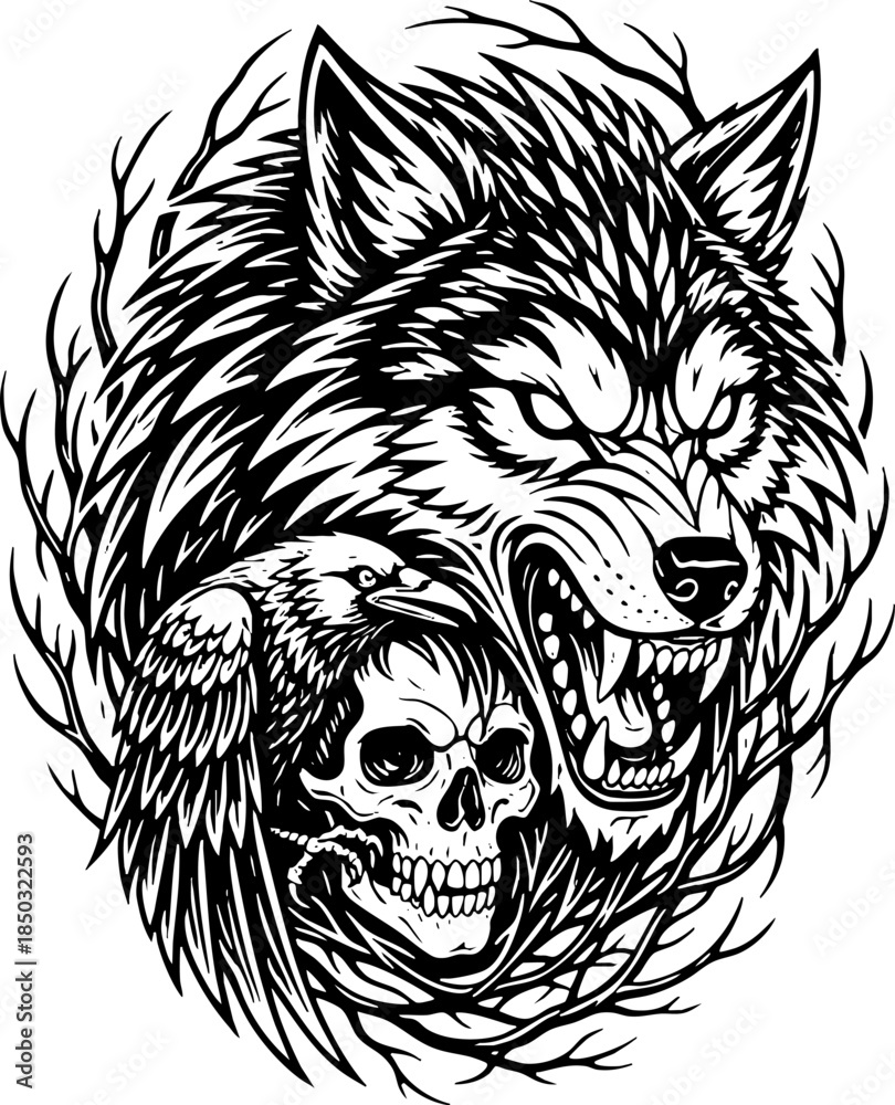 Fototapeta premium Aggressive Wolf Head, Human Skull, and Bird Engraving Illustration