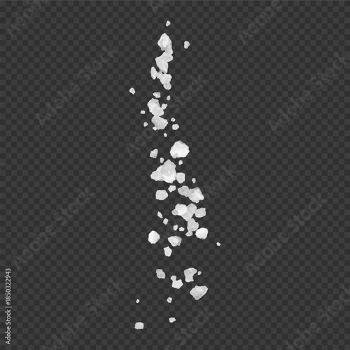 Realistic white crystals falling, sea or table salt, isolated on a transparent dark background.