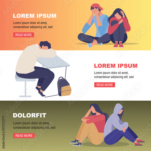 tired schoolchildren. tired kids, sleepy eyes reflecting the weight of academic demands, characters that need rest. vector cartoon horizontal banner.