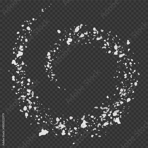 White particles of salt, flour, or sugar in a rounded spiral on an isolated transparent background.