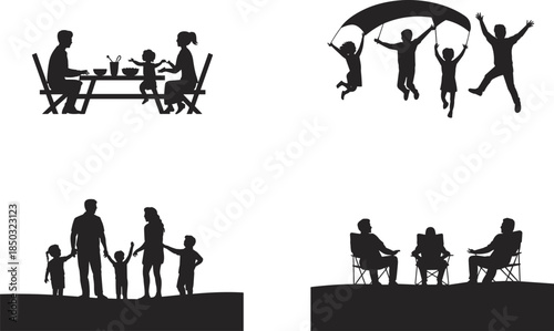 Family activity silhouettes set showing dining, playing, camping, and outdoor bonding moments, black vector illustration for lifestyle, parenting, leisure, and togetherness concepts