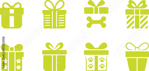 Cute pet themed gift box icons set with dog bone elements, flat vector illustration for pet shop promotions, animal holidays, branding, and playful packaging design