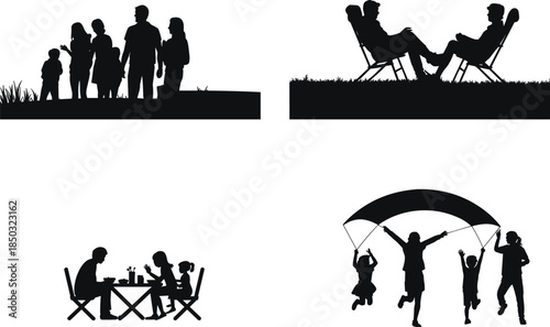 Silhouette illustrations of families and children enjoying outdoor leisure activities like picnics, parachute play, and relaxing in nature settings.