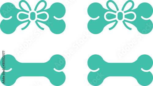 Minimal dog bone icons with bow decoration, flat vector illustration set for pet shop branding, pet food packaging, animal care design, and playful pet graphics