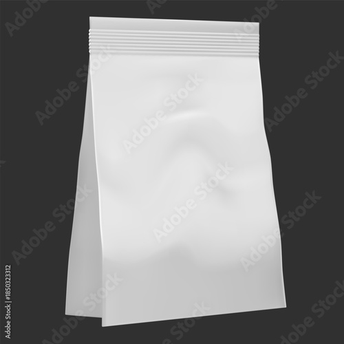 Realistic white blank sachet package mockup, sealed, isolated on a black background.