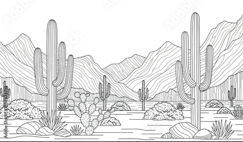 a detailed black and white illustration showcases a classic desert landscape featuring saguaro cacti varied shrubs rocky terrain and distant mountains high quality