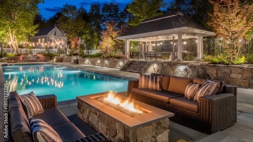 Wallpaper Mural Evening outdoor scene with pool seating and fire feature Torontodigital.ca