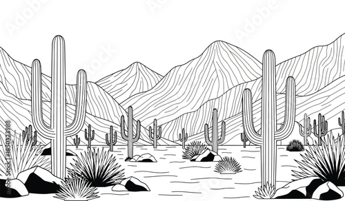 a detailed black and white illustration depicts a classic desert landscape featuring saguaro cacti mountains and sparse vegetation evoking a sense of arid beauty
