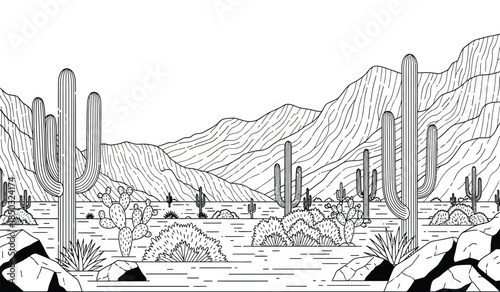 a detailed black and white illustration depicts a classic desert landscape featuring saguaro cacti rocky terrain and mountains in the background creating a serene scene