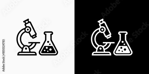 Vector design of microscope and lab flask in modern, simple, clean and abstract style. Icons for business, research, health and science.