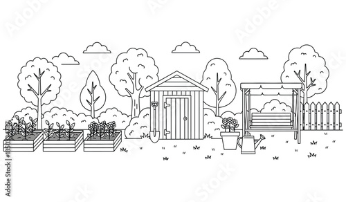 a detailed black and white illustration depicts a quaint garden scene featuring a small shed pergola and flourishing garden beds with various plants