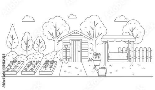 a detailed line drawing depicts a charming garden scene with a small house lush trees and cultivated garden beds featuring various plants
