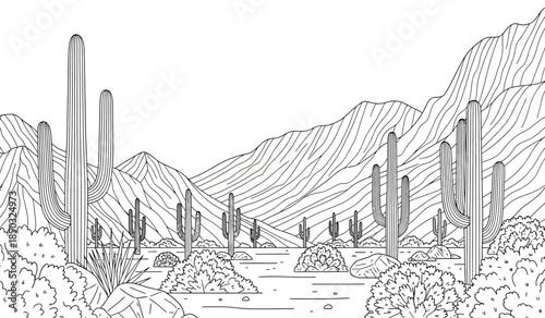 a detailed black and white illustration showcases a desert landscape featuring saguaro cacti rolling mountains and sparse vegetation creating a serene scene