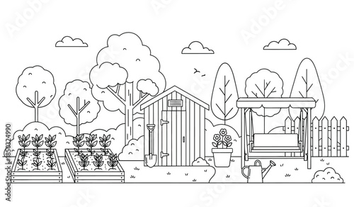 a detailed line drawing depicts a quaint garden scene with a small wooden house lush plants and a cozy swing set creating a peaceful outdoor