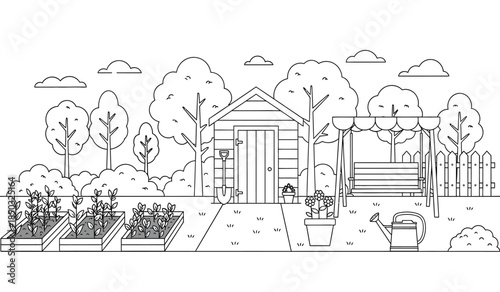 a detailed line drawing depicts a quaint garden scene with a small wooden shed lush vegetation and a pergola creating a peaceful outdoor space