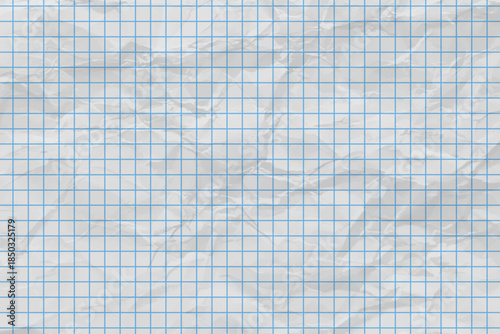 Realistic empty white lined notebook page with crumpled effect, vector blue checkered sheet of paper blank sheet mockup