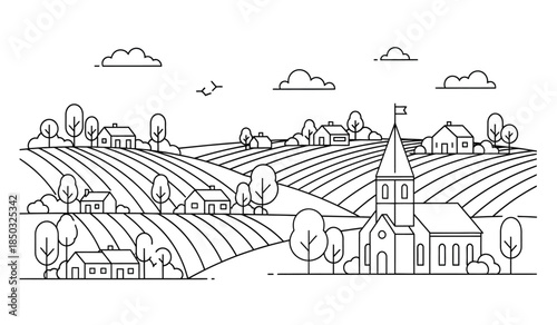 a detailed black and white line drawing showcases a peaceful rural landscape featuring rolling hills vineyards charming houses and a quaint village church with a