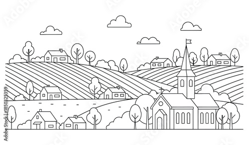 a detailed line art illustration depicts a quaint countryside landscape with rolling hills charming houses and a prominent church steeple high quality professional