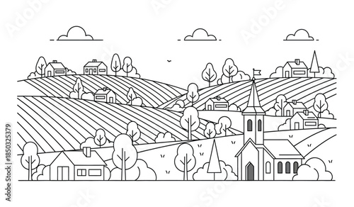 a detailed black and white line drawing depicts a quaint countryside village nestled among rolling hills and fields complete with charming buildings and trees