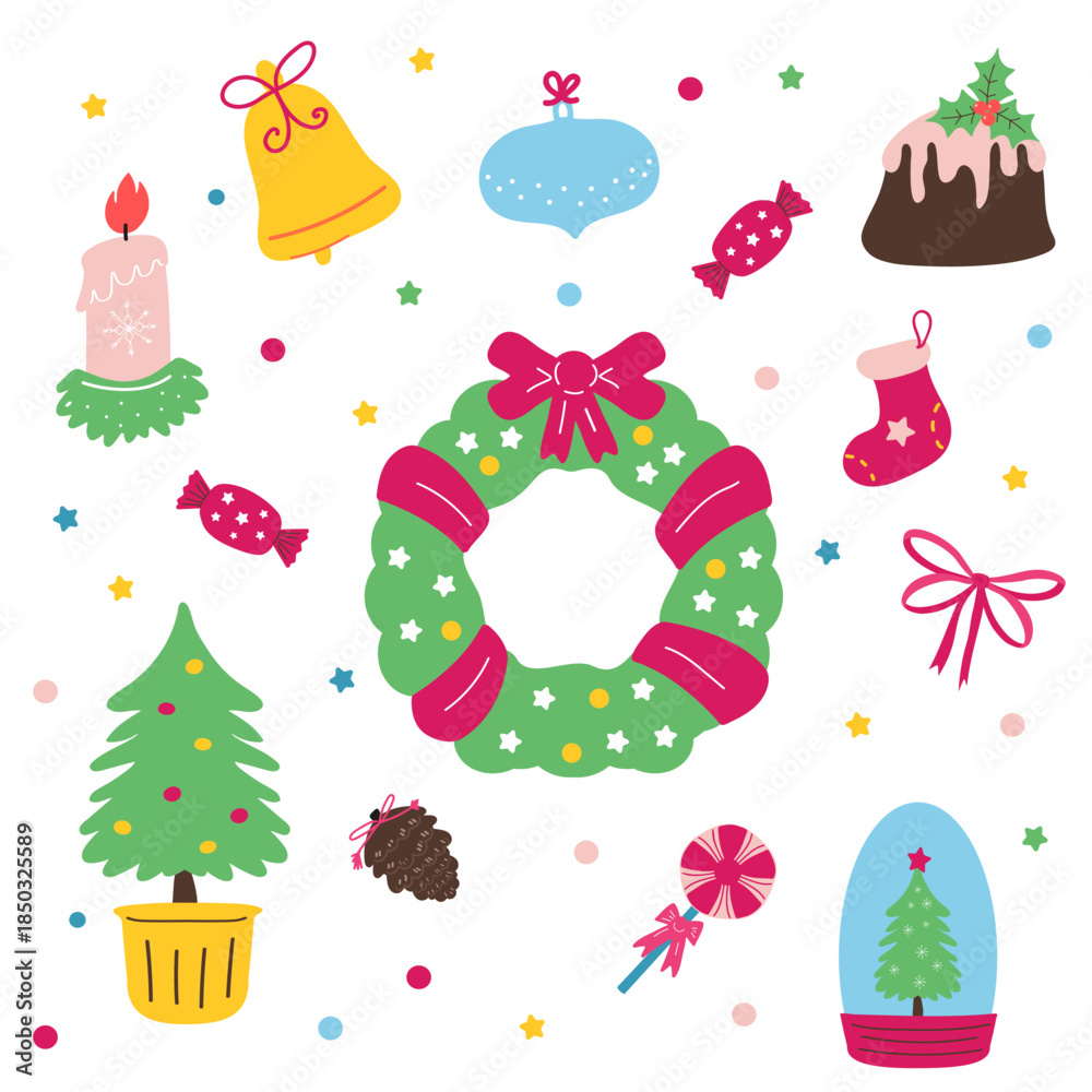 Fototapeta premium Cute Christmas wreath clipart set with ribbon, candles, bell, tree, sweets and ornaments. Bright playful flat vector bundle for kids and nursery designs, greeting cards, stickers and scrapbook