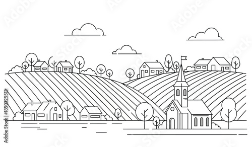 a detailed line art illustration depicts a quaint rural landscape with rolling hills farmhouses a church steeple and trees high quality professional modern