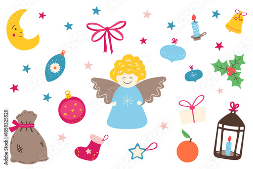 Cute Christmas ornament clipart set with sleigh, gifts, candle, cocoa mug, garland and stars. Cozy flat vector collection for winter holiday decor, kids designs, nursery graphics