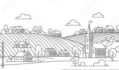 an idyllic countryside scene rendered in a minimalist black and white line drawing style depicts rolling hills quaint houses and a charming village church