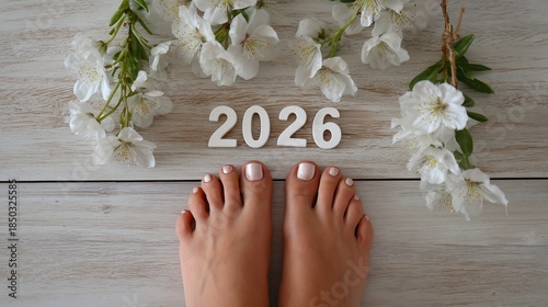 Feet with white flowers and numbers on wooden floor for year 2026, pedicure care beauty treatments women's joys
