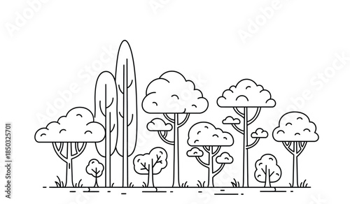 A minimalist black and white illustration depicts a serene forest landscape with various shaped trees and grassy ground level details high quality professional